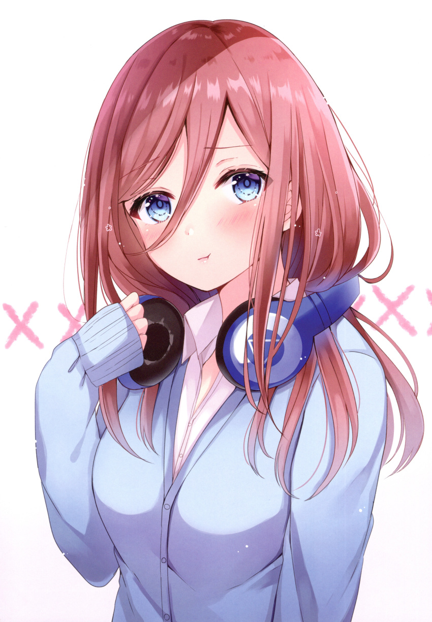 1girl absurdres bangs blue_cardigan blue_eyes blush buttons cardigan closed_mouth eyebrows_visible_through_hair go-toubun_no_hanayome hair_between_eyes hand_up head_tilt headphones headphones_around_neck highres lips long_hair long_sleeves looking_at_viewer nakano_miku pout pouty_lips sakura_hiyori scan shiny shiny_hair shiny_skin shirt simple_background sleeves_past_wrists solo white_background white_shirt