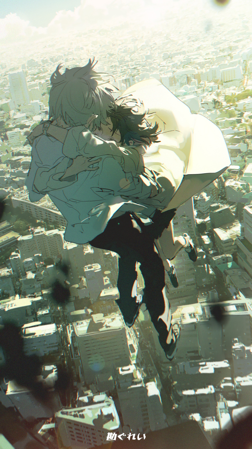 1boy 1girl black_hair building closed_eyes commentary compass couple falling floating hetero highres outdoors rella short_hair skirt translated trench_coat white_hair wrist_compass zutto_mayonaka_de_ii_no_ni