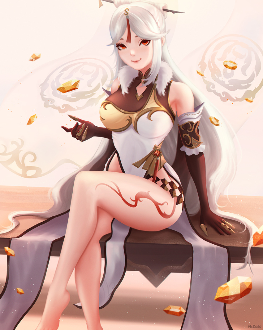 1girl bangs barefoot black_gloves breasts china_dress chinese_clothes dress elbow_gloves fur_collar genshin_impact gloves hair_ornament hair_stick highres large_breasts leg_tattoo long_hair looking_at_viewer mcdobo ningguang parted_bangs red_eyes sitting smile solo tattoo very_long_hair white_hair