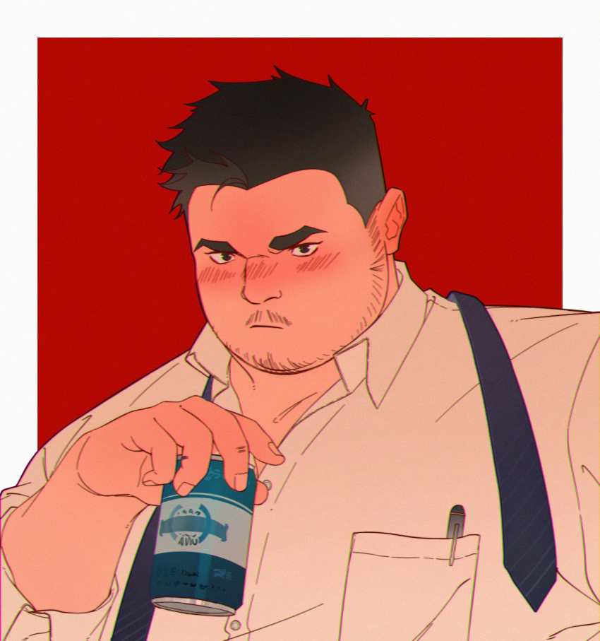 1boy :/ beer_can black_eyes black_hair blush can casual face fat highres looking_at_viewer lovesheng1314 male_focus necktie necktie_removed original partially_unbuttoned pen plump portrait realistic short_hair solo thick_eyebrows undercut upper_body