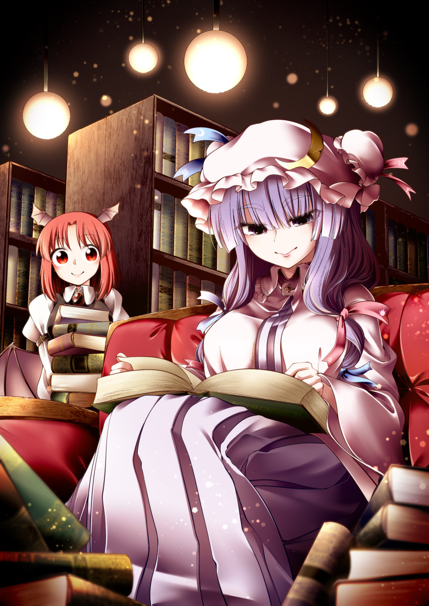 0-den 2girls absurdres bangs black_vest blue_bow blunt_bangs book book_stack bookshelf bow breasts brooch closed_mouth collared_shirt commentary_request couch dress hair_bow hat head_wings highres indoors jewelry juliet_sleeves koakuma large_breasts library lips long_hair long_sleeves mob_cap multiple_girls patchouli_knowledge pink_headwear puffy_sleeves purple_dress purple_hair reading red_bow red_eyes redhead shirt sidelocks sitting striped striped_dress touhou vest violet_eyes white_shirt wing_collar