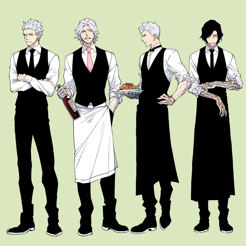 4boys apron arm_tattoo black_apron black_footwear black_hair black_neckwear black_pants black_vest bottle bow bowtie closed_eyes collared_shirt crossed_arms dante_(devil_may_cry) devil_may_cry devil_may_cry_5 dress_shirt facial_hair food frown full_body green_background grey_eyes hand_on_hip highres holding holding_bottle holding_plate long_sleeves looking_away male_focus multiple_boys necktie nero_(devil_may_cry) ogata_tomio pants pasta pink_neckwear plate profile prosthesis prosthetic_arm rolling_sleeves_up shirt shoes short_hair simple_background sleeves_rolled_up standing stubble tattoo v_(devil_may_cry) vergil vest waiter white_apron white_hair white_shirt wine_bottle