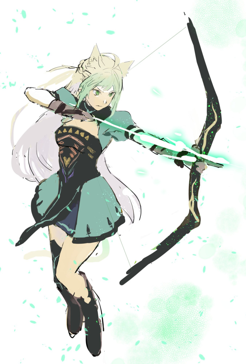 1girl ahoge aiming animal_ears arrow_(projectile) atalanta_(fate) blonde_hair boots bow_(weapon) braid breasts cat_ears closed_mouth fate/apocrypha fate_(series) french_braid full_body gradient_hair green_eyes green_hair green_skirt highres holding holding_arrow holding_bow_(weapon) holding_weapon long_hair medium_breasts multicolored_hair pelvic_curtain sankomichi showgirl_skirt sketch skirt solo weapon