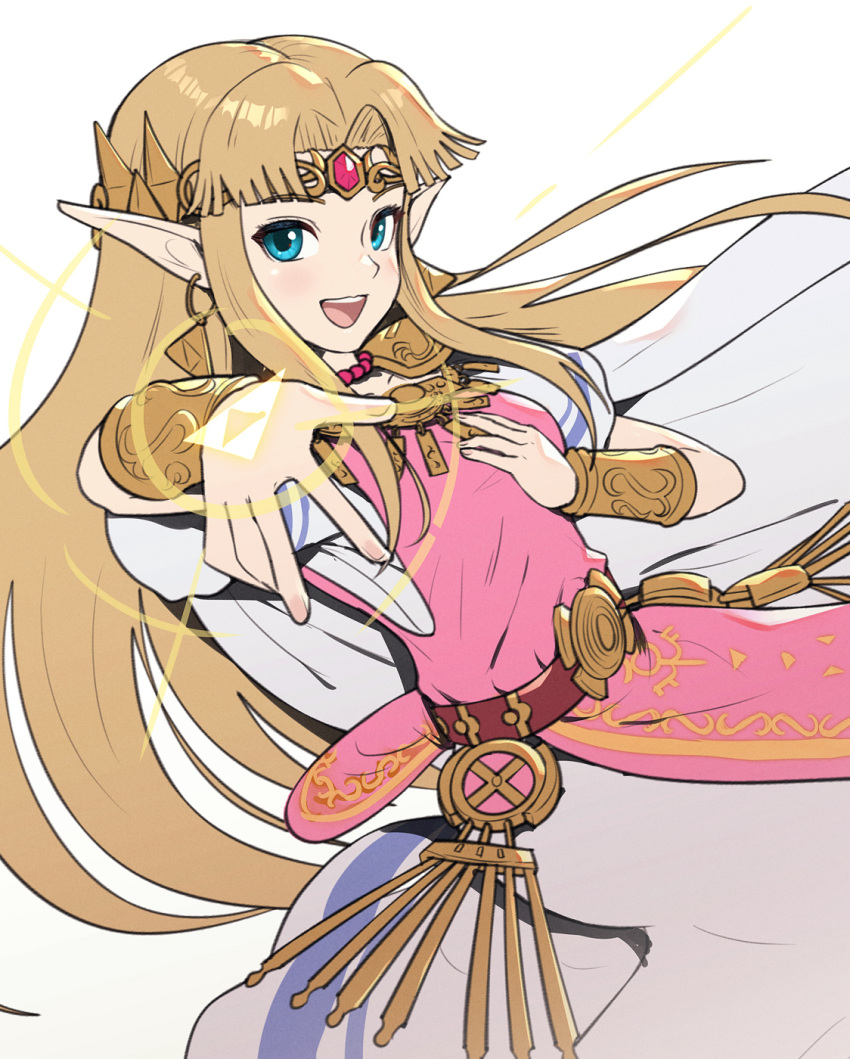 1girl bangs blonde_hair blue_eyes dress earrings forehead_jewel glowing gonzarez hand_on_own_chest headdress highres jewelry long_pointy_ears looking_at_viewer nintendo open_mouth parted_bangs pointy_ears princess_zelda solo the_legend_of_zelda the_legend_of_zelda:_a_link_between_worlds triforce white_background white_dress