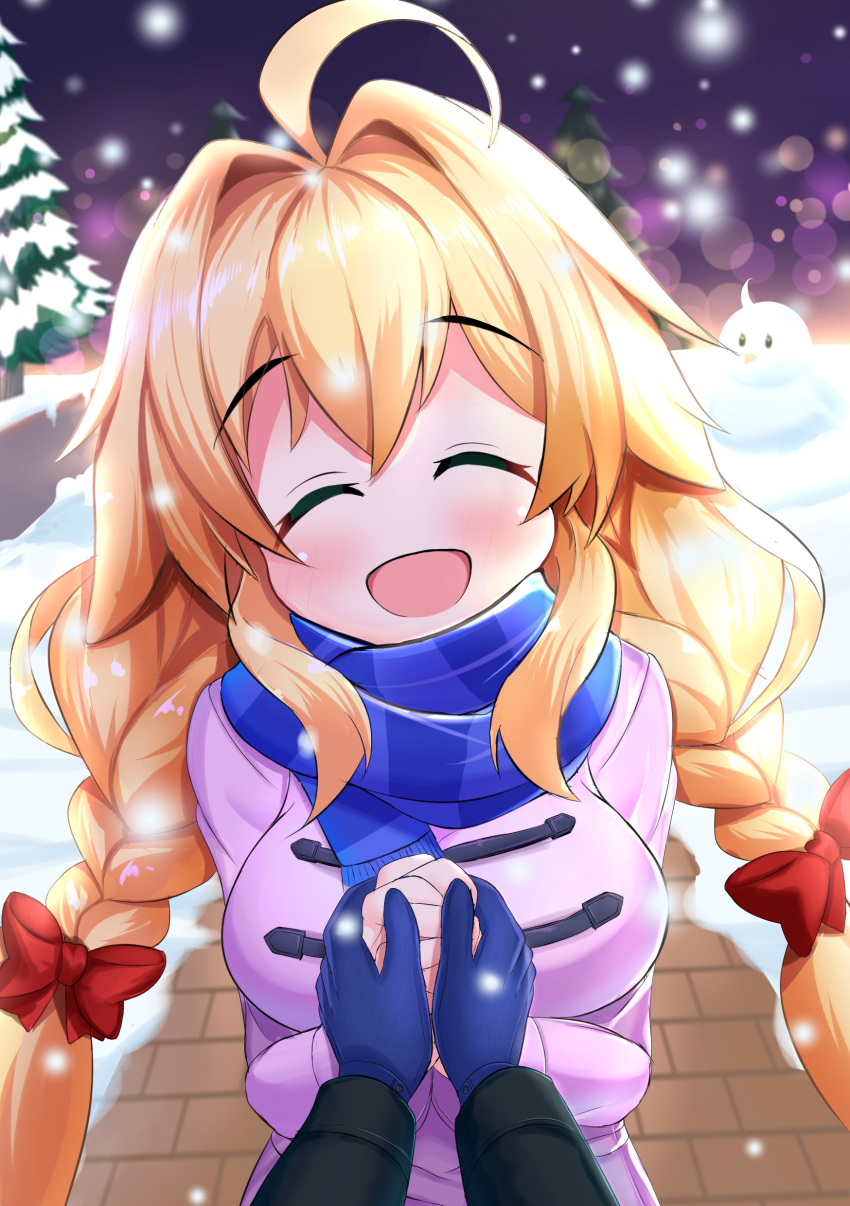 1girl absurdres ahoge azur_lane blonde_hair braid closed_eyes fj_hatsu hands_together highres holding_hands le_temeraire_(azur_lane) light_particles night night_sky pine_tree pov scarf sky smile snow snowing tree twintails