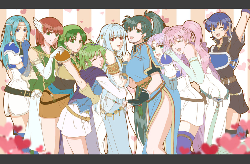 6+girls armor bare_shoulders belt blue_dress blue_eyes blue_hair closed_eyes delsaber dress farina_(fire_emblem) fiora_(fire_emblem) fire_emblem fire_emblem:_the_blazing_blade florina_(fire_emblem) green_eyes green_hair heart light_blue_hair long_hair looking_at_viewer lyn_(fire_emblem) multiple_girls ninian_(fire_emblem) nino_(fire_emblem) one_eye_closed open_mouth orange_hair pink_hair ponytail priscilla_(fire_emblem) rebecca_(fire_emblem) red_eyes serra_(fire_emblem) skirt smile thighs twintails white_skirt