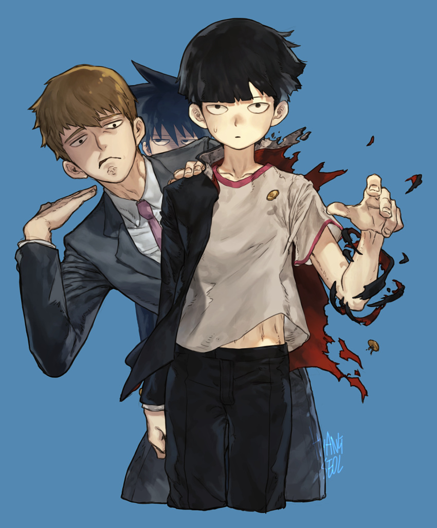 3boys artist_name bangs black_eyes black_hair black_jacket black_pants blonde_hair blue_background blunt_bangs bowl_cut closed_mouth collared_shirt cropped_legs dress_shirt formal frown gakuran grey_jacket grey_pants grey_suit hand_on_another's_shoulder hand_up highres jacket jitome kageyama_ritsu kageyama_shigeo leeis_cool long_sleeves looking_at_viewer male_focus mob_psycho_100 multiple_boys necktie pants pink_neckwear reigen_arataka school_uniform shirt short_hair simple_background spiky_hair standing suit sweatdrop t-shirt torn_clothes white_shirt