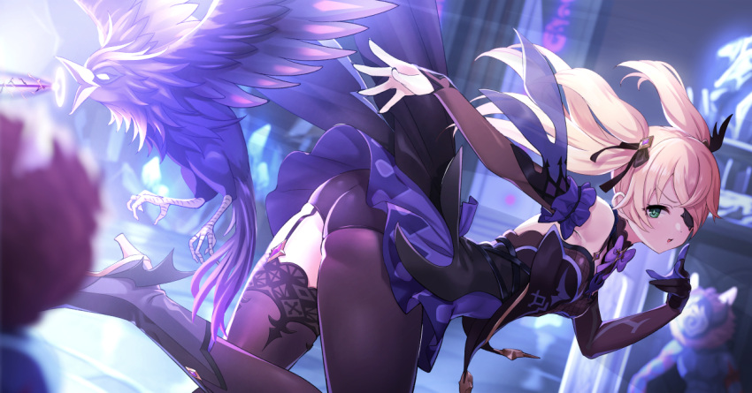 1girl ass bangs bare_shoulders bird black_legwear blonde_hair blurry blush breasts commentary_request depth_of_field detached_sleeves dress elbow_gloves eyepatch feathers fischl_(genshin_impact) flying frills garter_straps genshin_impact gloves green_eyes hair_ribbon long_hair looking_at_viewer open_mouth panties ribbon single_thighhigh small_breasts tamakaga thigh-highs twintails two_side_up underwear wings