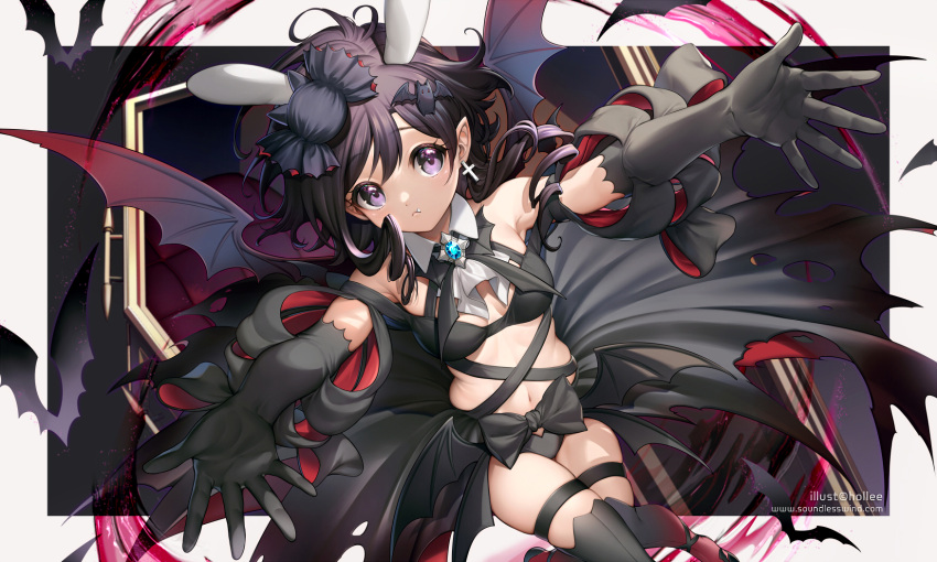 1girl animal_ears armpits artist_name bare_shoulders bat bat_hair_ornament bat_wings black_bow black_gloves black_legwear black_ribbon blood border bow breasts brooch candy_hair_ornament closed_mouth coffin commentary cross cross_earrings detached_collar drill_hair earrings elbow_gloves eyebrows_visible_through_hair fang food_themed_hair_ornament glint gloves gradient gradient_legwear hair_ornament highres jewelry kaze-hime knees_together_feet_apart looking_at_viewer navel original outside_border outstretched_arms pout purple_hair rabbit_ears reaching_out red_legwear revealing_clothes ribbon single_earring skindentation small_breasts solo sparkle thigh-highs thigh_strap vampire violet_eyes watermark web_address white_border wing_collar wings