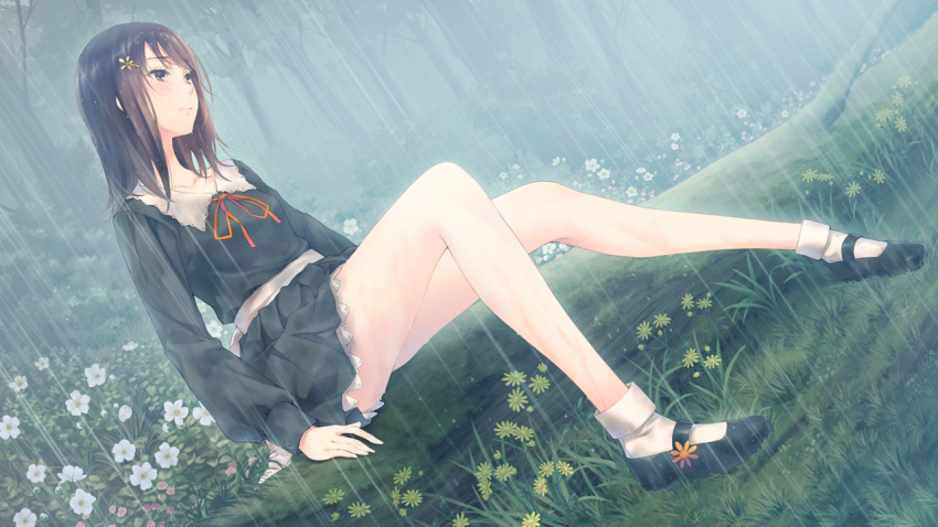 asymmetrical_bangs bangs black_eyes bow breasts brown_hair flat_chest flower flowers_(innocent_grey) fog forest hair_flower hair_ornament hairclip kousaka_mayuri legs medium_hair miniskirt nature rain ribbon school_uniform shoes sitting skirt small_breasts socks sugina_miki thighs tree_trunk water wet wet_clothes