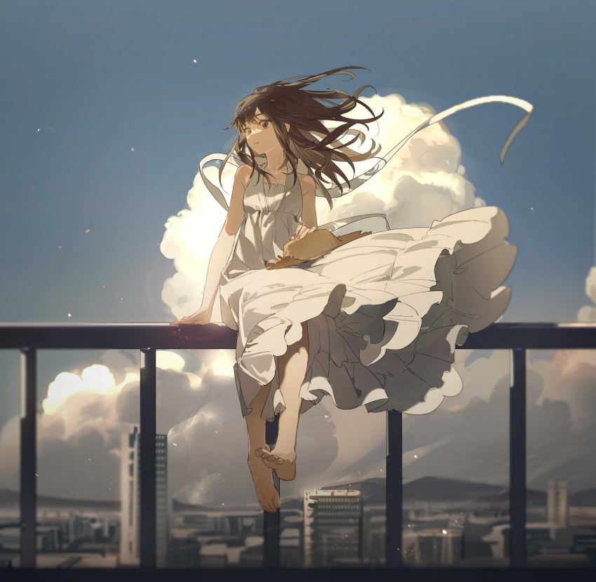 1girl absurdres barrier blue_sky brown_eyes brown_hair cityscape clouds dress hat highres looking_at_viewer original sitting sky sun_hat white_dress wind zhibuji_loom