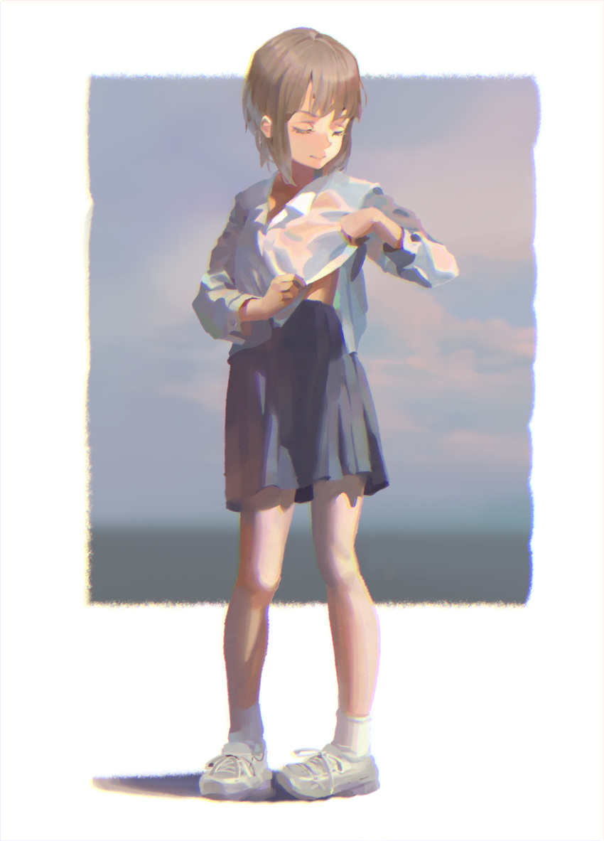1girl adjusting_clothes bangs blue_skirt border brown_hair closed_eyes closed_mouth collared_shirt day full_body highres long_sleeves original pleated_skirt psi_(583278318) school_uniform shirt shoes short_hair skirt sneakers socks solo standing white_border white_footwear white_legwear white_shirt