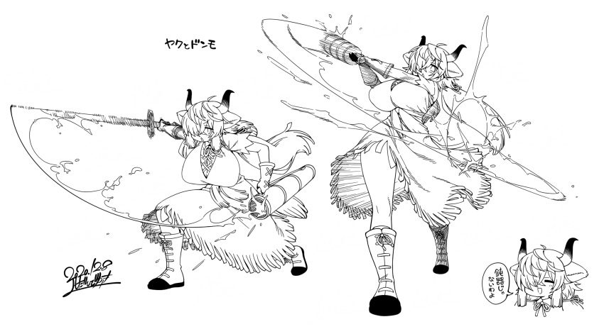 1girl animal_ears bangs boots breasts closed_eyes club commentary_request dated dress face fighting_stance floating_hair full_body gloves hair_over_one_eye hair_ribbon highres holding holding_sword holding_weapon horns huge_breasts kemono_friends long_hair medium_dress monochrome motion_lines multicolored_horns multiple_views ox_ears ox_girl ox_horns parted_bangs ribbon sheath shirt short_sleeves signature simple_background smile splashing sword translation_request very_long_hair weapon white_background yak_(kemono_friends) yoshida_hideyuki