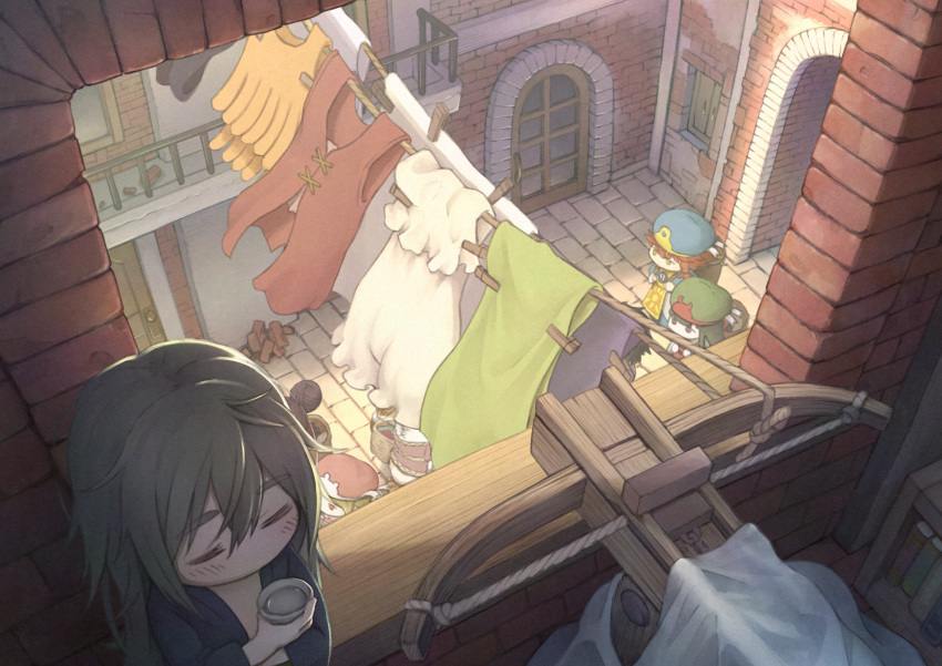 4girls black_hair blue_headwear brown_hair bucket character_request clothes_pin dararito from_above green_headwear hakumei_(hakumei_to_mikochi) hakumei_to_mikochi hat highres laundry long_hair mikochi_(hakumei_to_mikochi) multiple_girls window