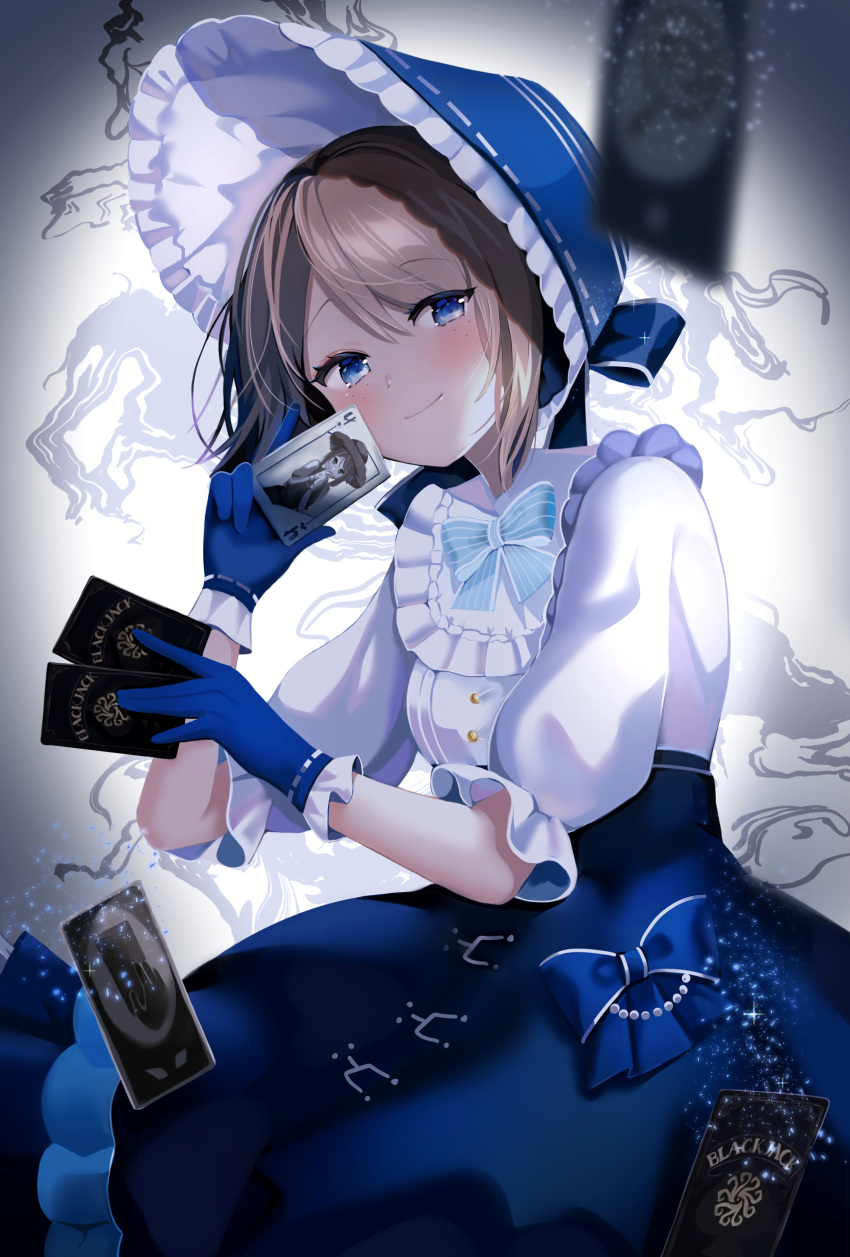 1girl absurdres blue_bow blue_eyes blue_gloves blue_headwear blurry blush bonnet bow brown_hair card depth_of_field dress dress_bow emma_woods eyes_visible_through_hair freckles frilled_gloves frilled_sleeves frills gloves hat highres holding holding_card identity_v kanjyu0919 light_particles mixed-language_commentary official_alternate_costume puffy_sleeves smile solo sparkle