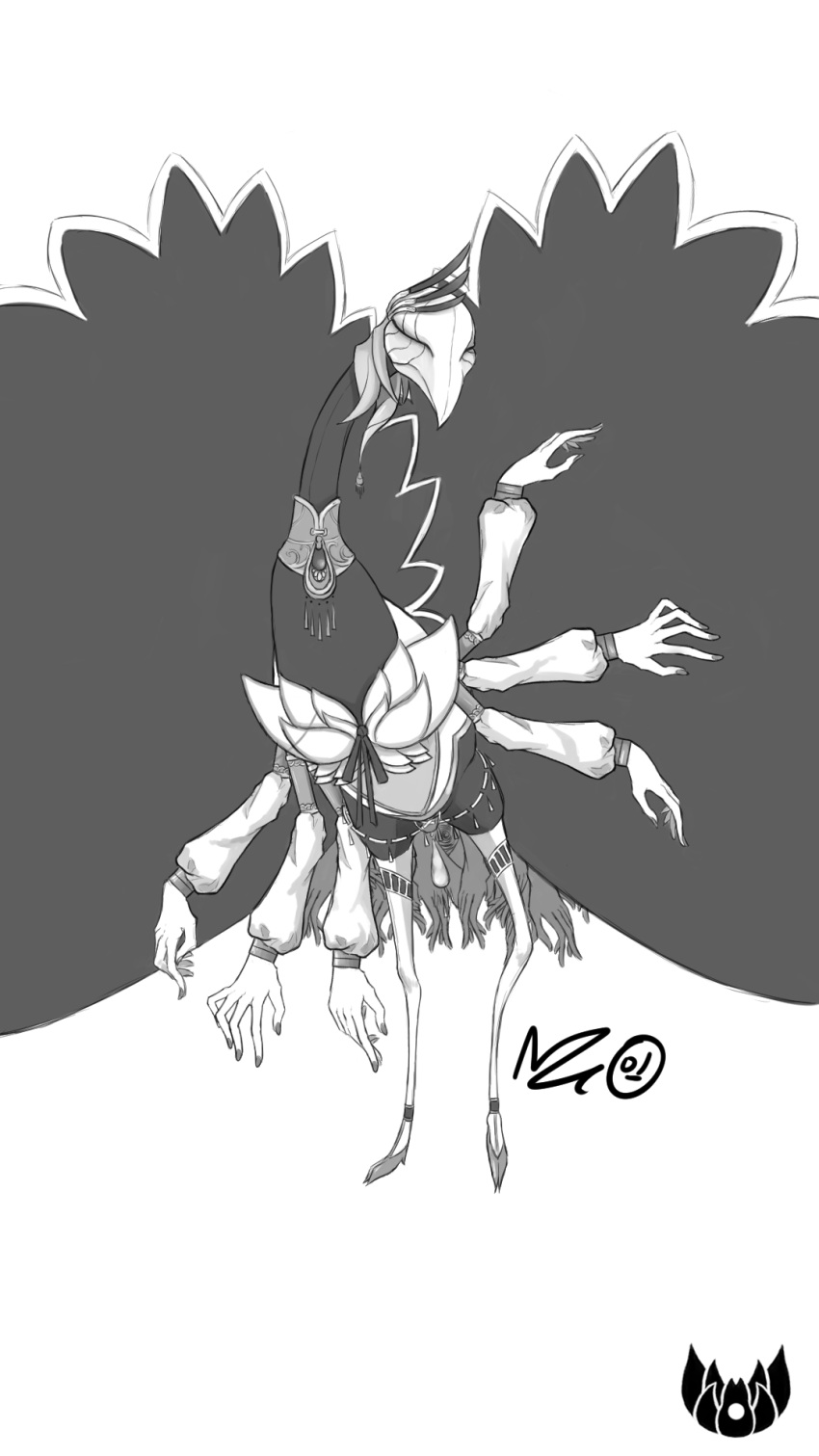 bird detached_sleeves greyscale highres hololive hololive_indonesia horror_(theme) looking_at_viewer monochrome monsterification nebradisk no_humans open_hands pavolia_reine peacock solo virtual_youtuber white_background