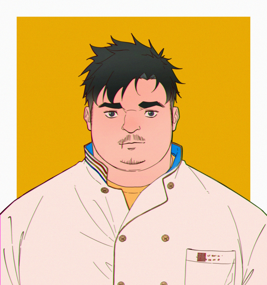 1boy black_eyes black_hair casual collared_shirt expressionless face fat highres looking_at_viewer lovesheng1314 male_focus original partially_unbuttoned plump portrait realistic shirt short_hair simple_background solo thick_eyebrows upper_body white_shirt