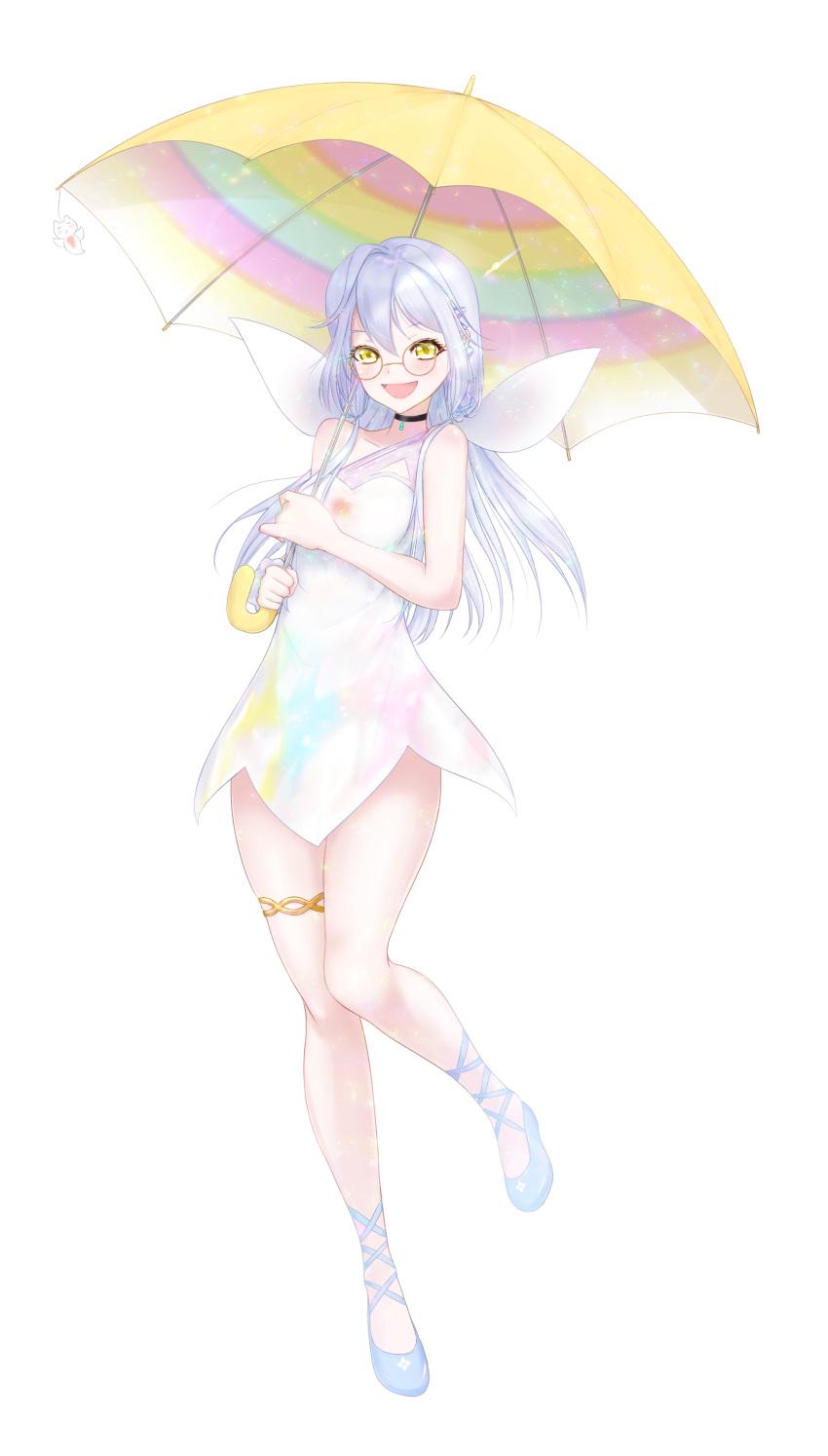 1girl absurdres bangs bare_arms bare_shoulders black_choker choker commentary_request dress full_body glasses highres holding holding_umbrella long_hair looking_at_viewer p_ion qualia_qu re:act silver_hair simple_background thigh_strap umbrella virtual_youtuber white_background white_dress yellow_eyes