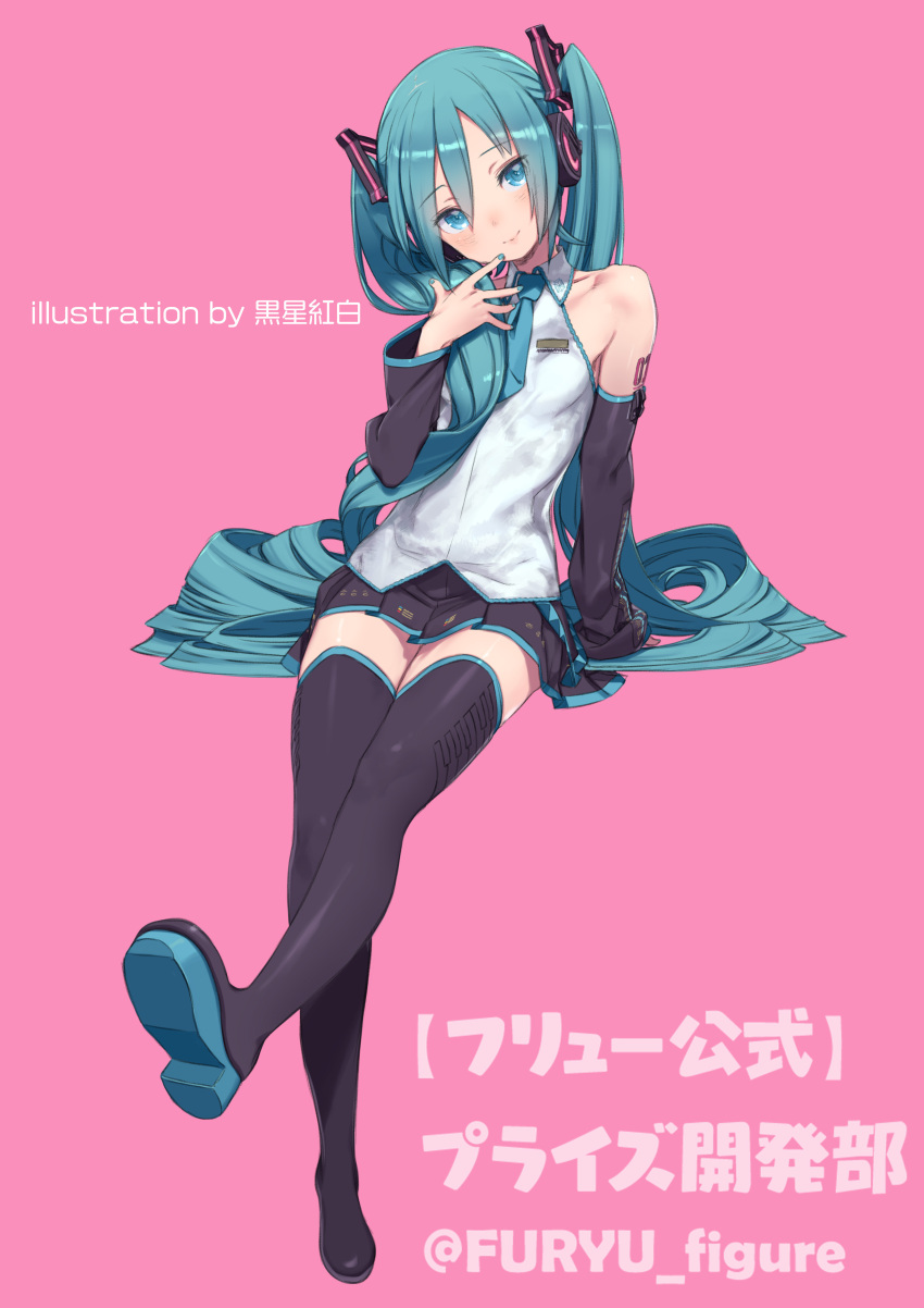 1girl absurdres aqua_eyes aqua_hair aqua_nails aqua_neckwear artist_name bangs black_sleeves boots breasts collarbone collared_shirt detached_sleeves eyebrows_visible_through_hair eyelashes full_body hair_between_eyes hair_ornament hatsune_miku head_tilt headset highres invisible_chair knees_together_feet_apart kuroboshi_kouhaku long_hair looking_at_viewer nail_polish necktie pink_background pleated_skirt shiny shiny_clothes shiny_hair shirt sidelocks sitting skirt sleeveless small_breasts smile solo thigh-highs thigh_boots translation_request twintails very_long_hair vocaloid white_shirt zettai_ryouiki