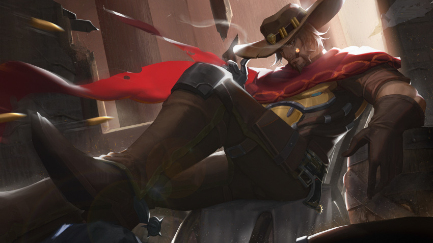 barrel beard boots brown_footwear brown_gloves brown_hair brown_headwear bullet cape cigar day facial_hair gloves gun hat highres holster lens_flare male_focus mccree_(overwatch) motion_blur mouth_hold outdoors overwatch red_cape smoking solo spurs stan. weapon
