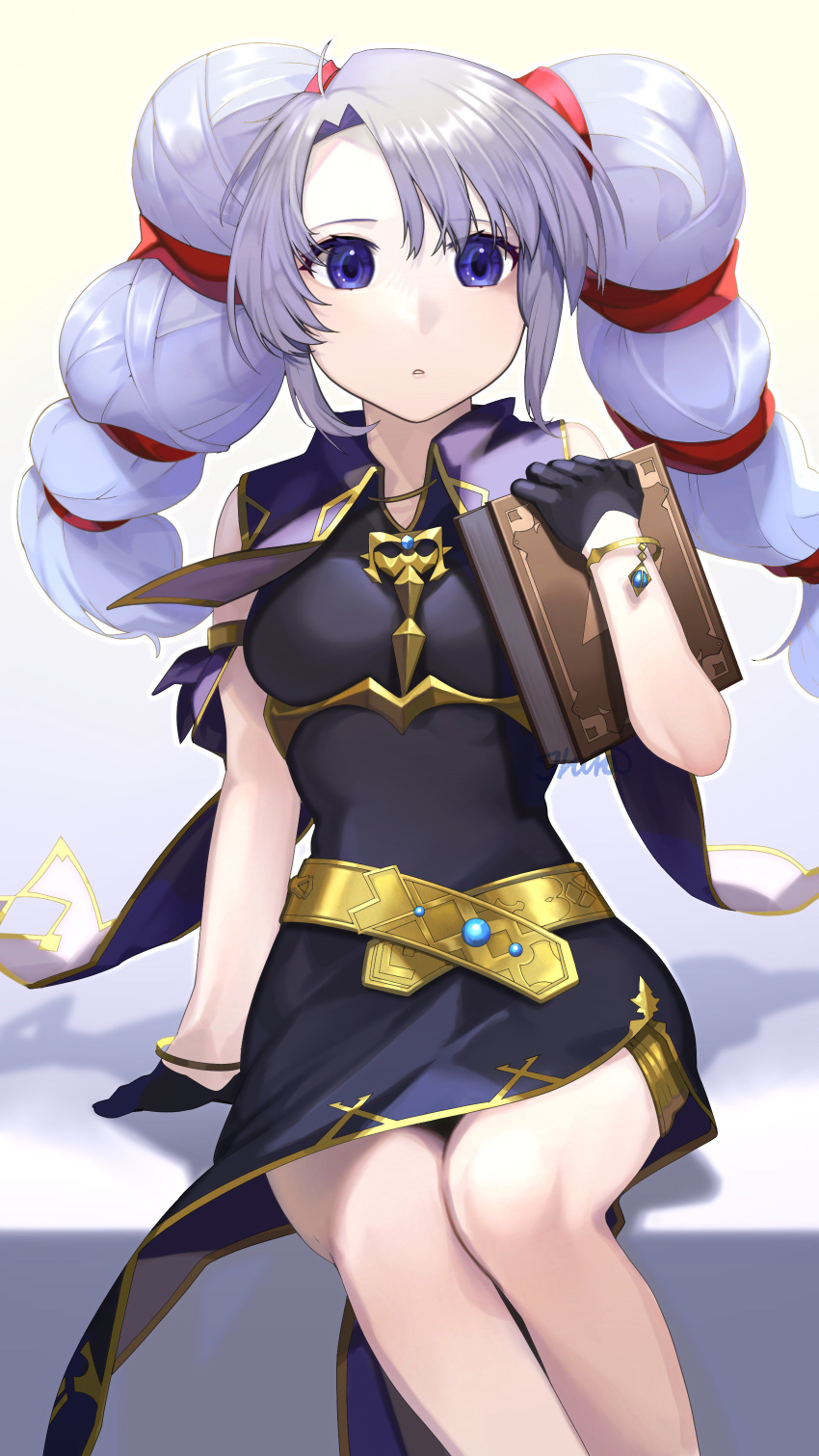 1girl absurdres black_dress black_gloves bracelet cape dress fire_emblem fire_emblem:_genealogy_of_the_holy_war gloves highres ikura_(downdexp) jewelry long_hair looking_at_viewer multi-tied_hair purple_hair sitting sleeveless sleeveless_dress solo tine_(fire_emblem) twintails violet_eyes white_background