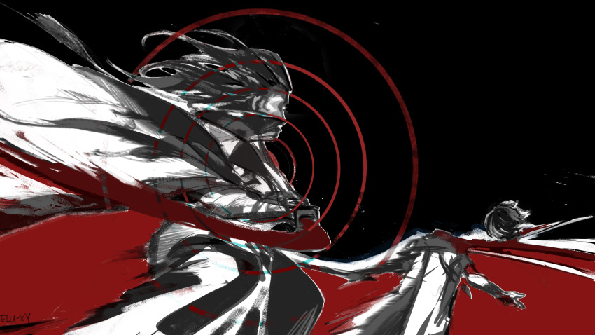 2boys battle blood bloody_clothes bloody_weapon circle death decapitation disembodied_head eiu-xy greyscale highres holding holding_sword holding_weapon katana long_hair male_focus monochrome multiple_boys open_hand original signature spot_color sword weapon