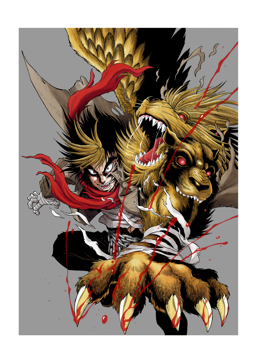 1990s_(style) 1boy absurdres animal bandaged_hand bandages black_hair blonde_hair blood border brown_coat chain claws coat crazy_eyes demi_(pixiv22036971) feathered_wings fur grey_background hatching_(texture) highres huge_filesize kuruma_shin'ichi lion majuu_sensen male_focus multicolored multicolored_hair open_mouth red_eyes red_scarf saliva saliva_trail scarf sharp_teeth simple_background single_wing solo teeth tongue torn torn_clothes torn_coat torn_scarf white_border wide-eyed wings