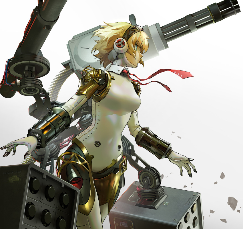 1girl aegis_(persona) android bangs blonde_hair blue_eyes breasts chain_gun english_commentary floating_hair gradient gradient_background hairband highres looking_ahead mecha_musume medium_breasts missile_pod open_hands persona persona_3 qosic robot solo