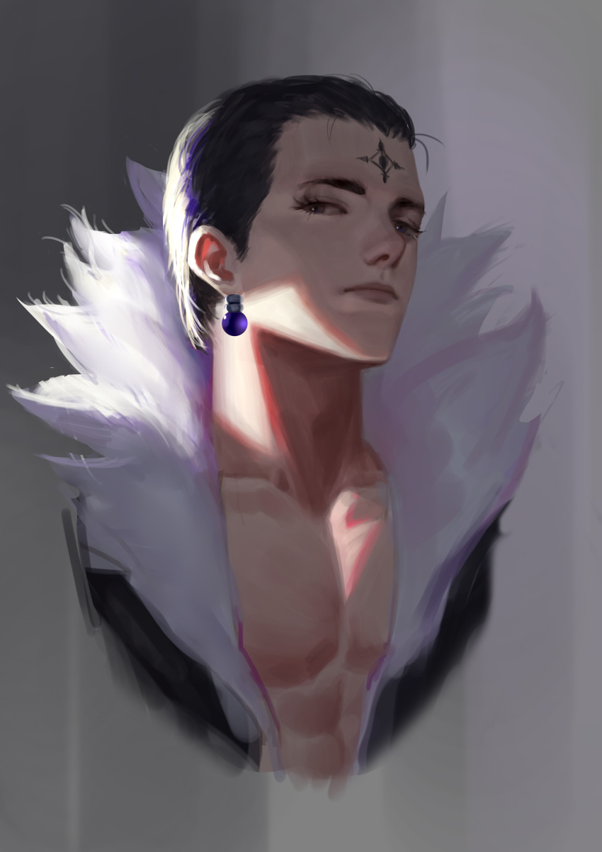 1boy absurdres black_hair chrollo_lucilfer cross earrings facial_tattoo forehead_tattoo fur_collar grey_background highres hunter_x_hunter inverted_cross jewelry looking_at_viewer male_focus simple_background stan. tattoo