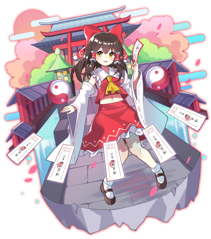 1girl :d absurdres architecture ascot bare_shoulders black_footwear blush bobby_socks bow breasts brown_eyes brown_hair clouds commentary_request detached_sleeves dutch_angle east_asian_architecture hair_bow hair_tubes hakurei_reimu highres holding holding_paper knees_together_feet_apart leaf long_hair long_sleeves looking_at_viewer mary_janes midriff navel ofuda open_mouth paper petticoat red_bow red_skirt red_vest ribbon-trimmed_sleeves ribbon_trim shoes sidelocks skirt skirt_set small_breasts smile socks solo sun torii touhou tree vest white_legwear wide_sleeves yellow_neckwear yin_yang yuujin_(yuzinn333)