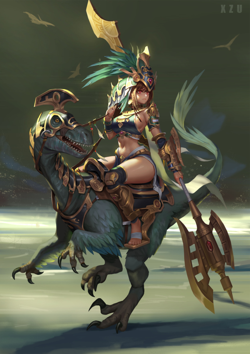 1girl absurdres armor axe bandages barefoot battle_axe bikini_armor bracelet breasts brown_hair dark_skin dinosaur dinosaur_riding feathers gauntlets greaves headdress highres historical_revisionism jewelry large_breasts mayan mayan_mythology navel original pterodactyl red_eyes saddle serious talons traditional_clothes tribal velociraptor weapon xzu