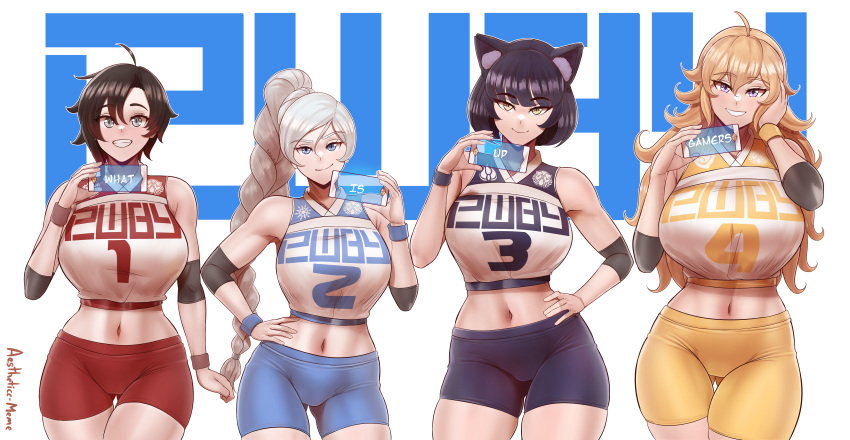 4girls absurdres aestheticc-meme ahoge animal_ears bangs bare_shoulders bike_shorts black_hair blake_belladonna blonde_hair blue_eyes breasts cat_ears closed_mouth elbow_gloves english_text eyebrows_visible_through_hair gloves gradient_hair grey_eyes hand_on_own_face high_ponytail highres holding holding_phone huge_filesize large_breasts long_hair looking_at_viewer medium_breasts midriff multicolored_hair multiple_girls navel open_mouth phone phone_screen ponytail redhead ruby_rose rwby short_hair shorts simple_background smile sports_bra sportswear sweatband teeth violet_eyes wavy_hair weiss_schnee white_hair yang_xiao_long yellow_eyes