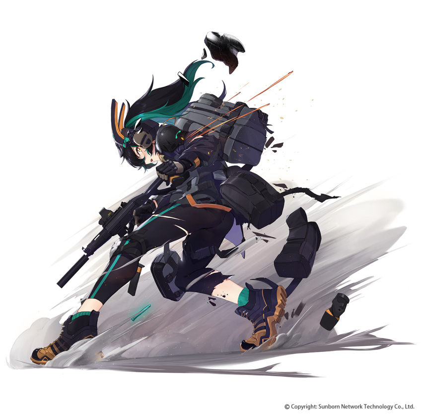 1girl black_hair girls_frontline green_hair gun highres long_hair multicolored_hair official_alternate_costume official_art ranyu saf_(girls_frontline) solo twintails weapon