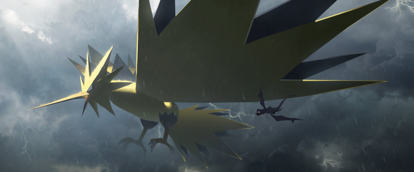 1other absurdres aerodactyl asteroid_ill bird black_eyes claws clouds cloudy_sky commentary_request day flying from_side full_body gen_1_pokemon giant highres legendary_pokemon light_rays lightning open_mouth outdoors pokemon pokemon_(creature) rain sky solo_focus storm sunlight zapdos