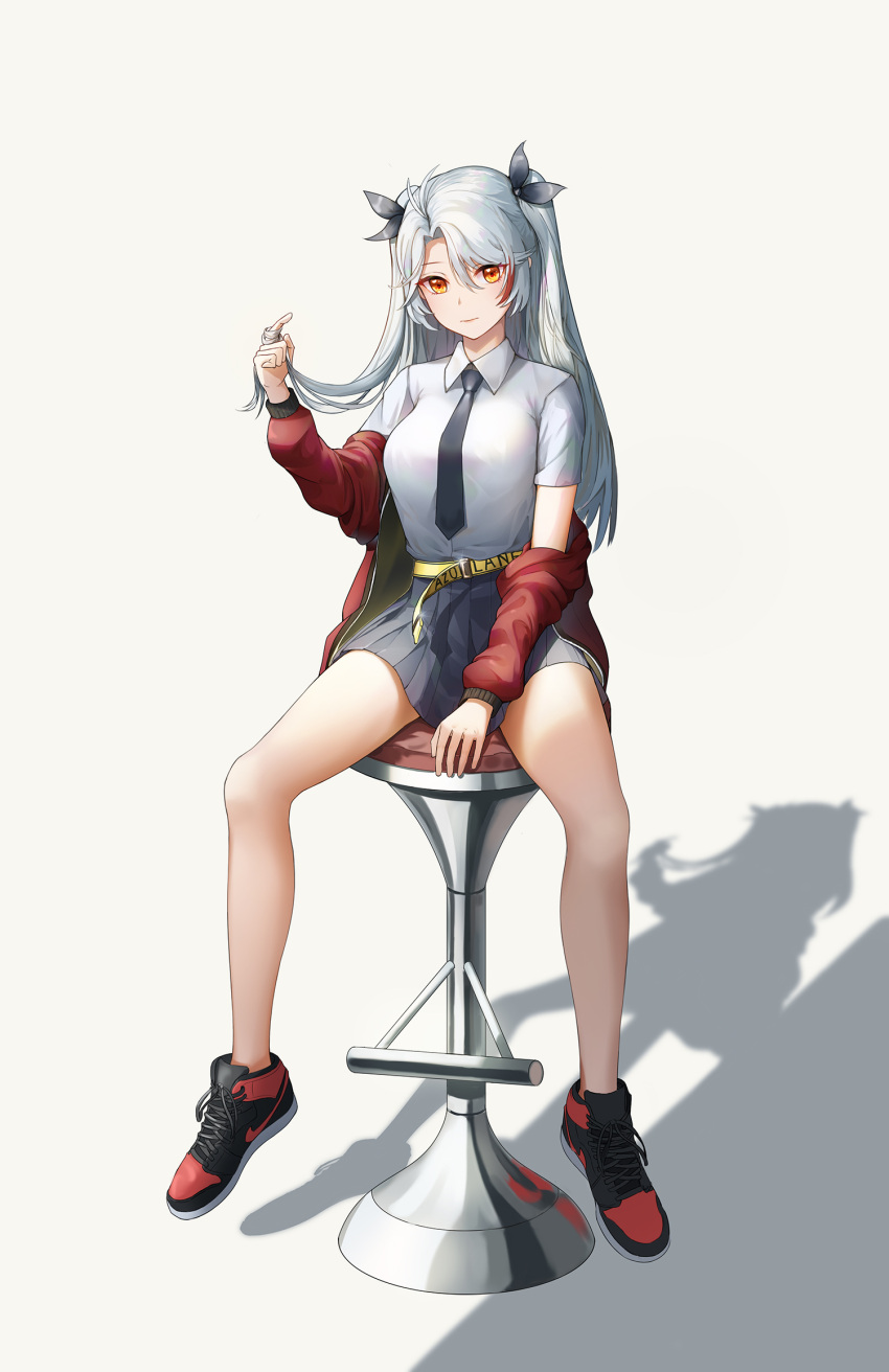1girl azur_lane belt black_neckwear blue_skirt breasts closed_mouth eyebrows_visible_through_hair hair_ribbon hand_in_hair highres jacket long_hair looking_at_viewer lu_(ssuel) necktie orange_eyes prinz_eugen_(azur_lane) red_footwear red_jacket ribbon school_uniform shirt shoes silver_hair sitting skirt sneakers solo spread_legs thighs twintails white_background white_shirt