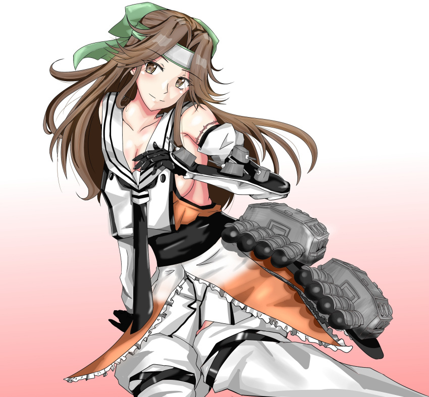 1girl black_neckwear brown_eyes brown_hair commentary_request detached_sleeves double-breasted elbow_gloves forehead_protector gloves hachimaki hair_intakes half_updo headband highres jintsuu_(kantai_collection) kantai_collection long_hair looking_at_viewer necktie pleated_skirt remodel_(kantai_collection) sailor_collar school_uniform serafuku shirt shutenndouji1 sitting skirt sleeveless sleeveless_shirt solo thigh-highs white_sailor_collar white_skirt yokozuwari