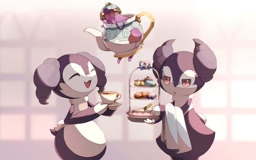 :o absurdres brown_eyes closed_eyes commentary_request cup food gen_8_pokemon hands_up highres holding holding_saucer indeedee indeedee_(female) indeedee_(male) kisa_(kisa-kisa5900) leaf open_mouth pokemon pokemon_(creature) polteageist sandwich saucer smile teacup tongue |d