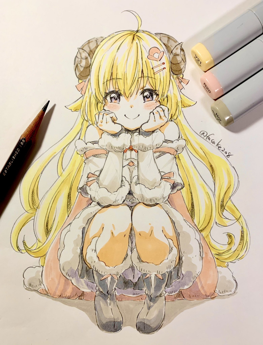 1girl bangs blonde_hair blunt_bangs blush cowlick detached_sleeves dress eyebrows_visible_through_hair fuusuke_(fusuke208) graphite_(medium) hands_on_own_cheeks hands_on_own_face highres hololive horns long_hair marker marker_(medium) pencil photo_(medium) sheep_horns smile solo squatting traditional_media tsunomaki_watame very_long_hair violet_eyes virtual_youtuber white_dress