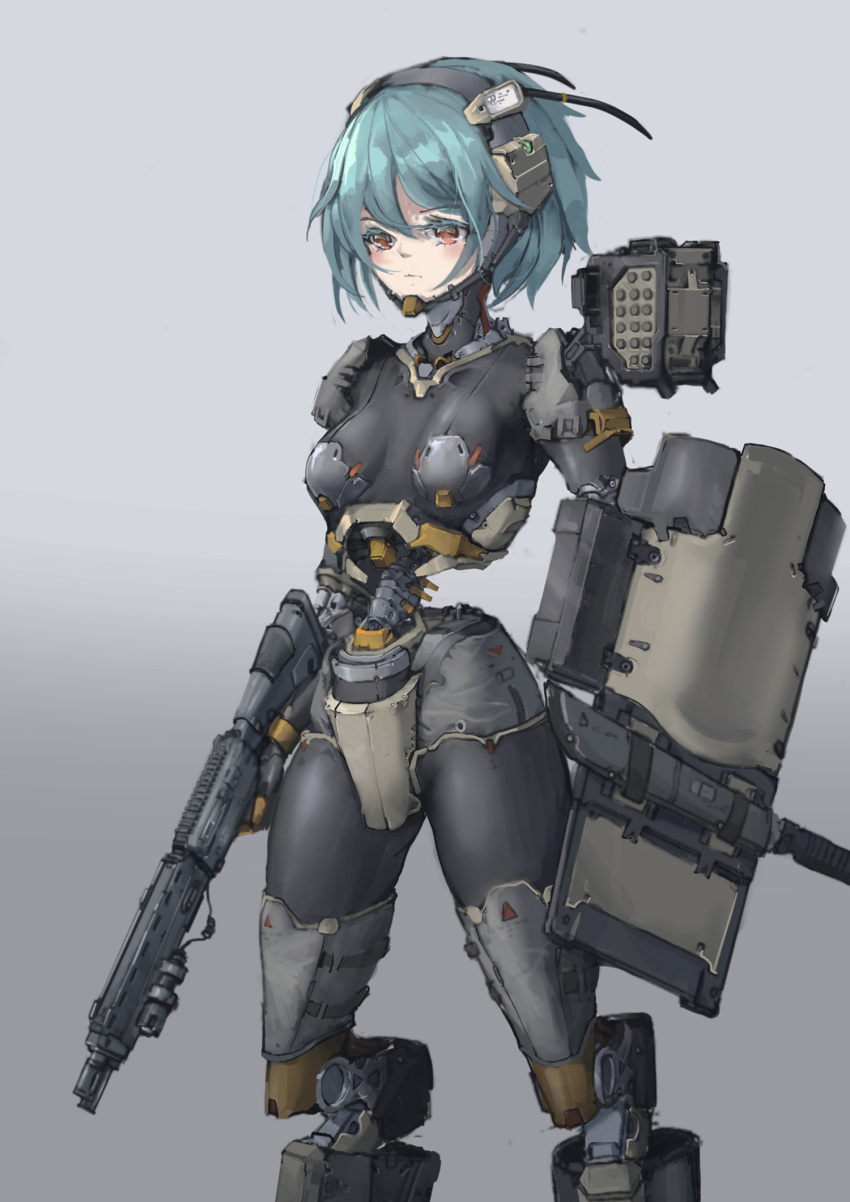 1girl 979002978 android arms_at_sides blue_hair combat_knife commentary_request eyebrows_visible_through_hair grey_background gun highres holding holding_gun holding_weapon joints knife mechanical_parts missile_pod orange_eyes original robot_joints science_fiction shield short_hair simple_background solo standing weapon