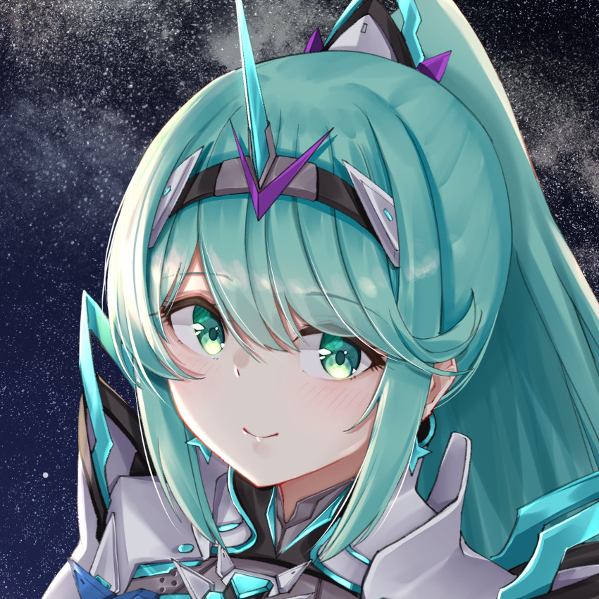 1girl bangs chest_jewel closed_mouth eyebrows_visible_through_hair green_eyes green_hair highres light_blush long_ponytail looking_at_viewer night night_sky pneuma_(xenoblade) ponytail portrait sarasadou_dan sky smile solo star_(sky) starry_sky swept_bangs tiara xenoblade_chronicles_(series) xenoblade_chronicles_2