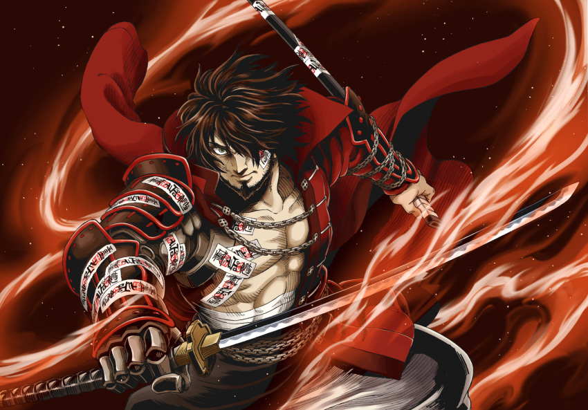 1boy armor bandages beard bloodstained:_ritual_of_the_night brown_hair chain closed_mouth coat collarbone demi_(pixiv22036971) facial_hair fingernails green_eyes hair_over_one_eye holding holding_sheath holding_sword holding_weapon japanese_armor katana male_focus mechanical_arm muscle pauldrons pectorals red_coat red_theme scabbard sheath shoulder_armor solo sword talisman unsheathed vambraces weapon zangetsu_(bloodstained)