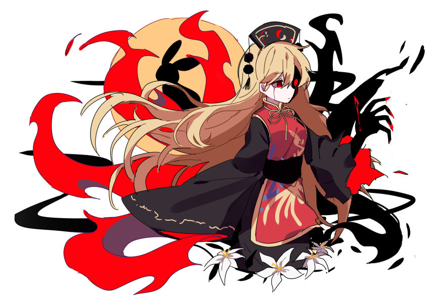 1girl blonde_hair blood chinese_clothes claws closed_mouth flower gla glowing glowing_eyes hat highres junko_(touhou) lily_(flower) long_hair long_sleeves moon multiple_tails pom_pom_(clothes) rabbit red_eyes silhouette solo split_theme tabard tail tears touhou very_long_hair white_flower wide_sleeves