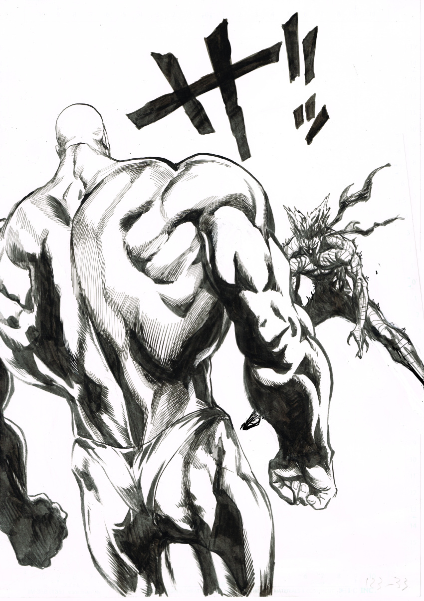 2boys absurdres bald bandages blank_eyes briefs chougoukin_kurobikari dark_skin dark_skinned_male fighting_stance fingernails garou_(one-punch_man) greyscale highres imminent_fight legs_apart monochrome multiple_boys murata_yuusuke muscle numbered official_art one-punch_man scan simple_background standing traditional_media underwear white_background