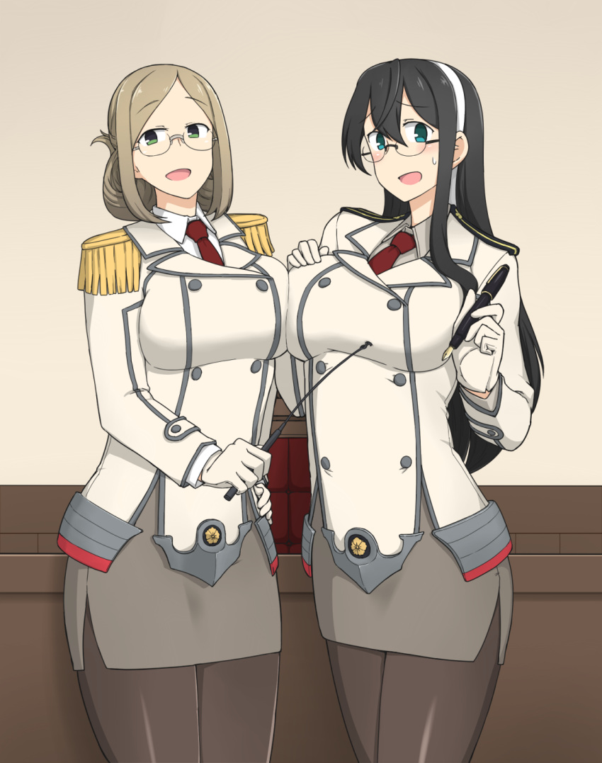 2girls :d alternate_breast_size bangs black_hair blush collared_shirt commission cosplay cowboy_shot double-breasted epaulettes folded_ponytail glasses gloves green_eyes hamu_koutarou highres holding holding_pen jacket kantai_collection katori_(kantai_collection) katori_(kantai_collection)_(cosplay) light_brown_hair long_hair multiple_girls necktie ooyodo_(kantai_collection) open_mouth parted_bangs pen pointer red_neckwear riding_crop shirt skeb_commission smile white_background white_gloves