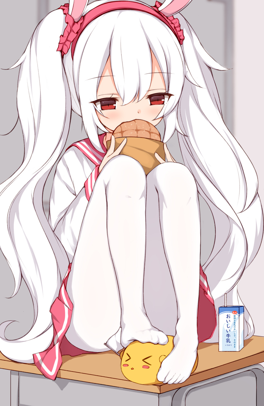 1girl absurdres animal_ears azur_lane bangs bread commentary desk eating eyebrows_visible_through_hair feet flag food hair_between_eyes hairband highres holding holding_food irokari juice_box laffey_(azur_lane) long_hair manjuu_(azur_lane) neckerchief no_shoes on_desk pink_skirt rabbit_ears red_eyes red_hairband school_uniform serafuku sitting sitting_on_desk skirt solo_focus white_flag white_hair white_legwear