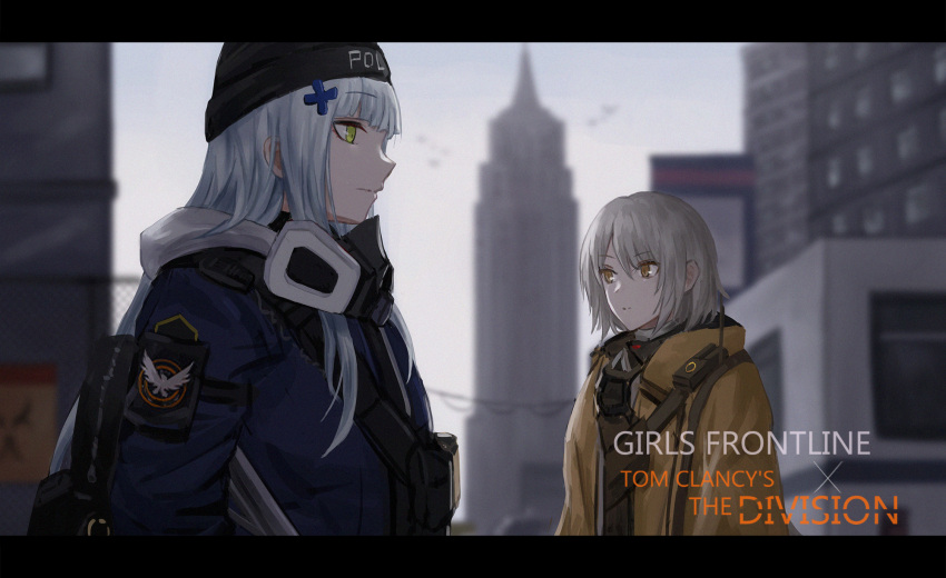 2girls agent_416_(girls_frontline) agent_vector_(girls_frontline) bangs black_headwear blue_hair blue_jacket city closed_mouth copyright_name english_text eyebrows_visible_through_hair gas_mask girls_frontline green_eyes grey_hair hat highres hk416_(girls_frontline) jacket long_hair looking_away medium_hair multiple_girls selcky silver_hair uniform vector_(girls_frontline) yellow_eyes yellow_jacket