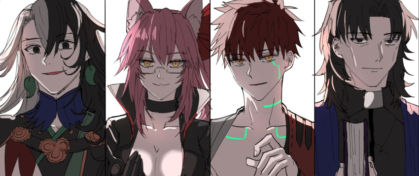 2boys 2girls animal_ears appleale19 ashiya_douman_(fate) asymmetrical_hair black_eyes book brown_hair earrings emiya_shirou face fate/grand_order fate_(series) fox_ears glasses highres jewelry korean_commentary kotomine_kirei koyanskaya limited/zero_over looking_at_viewer multicolored_hair multiple_boys multiple_girls pink_hair rasputin_(fate/grand_order) redhead sengo_muramasa_(fate) two-tone_hair white_hair