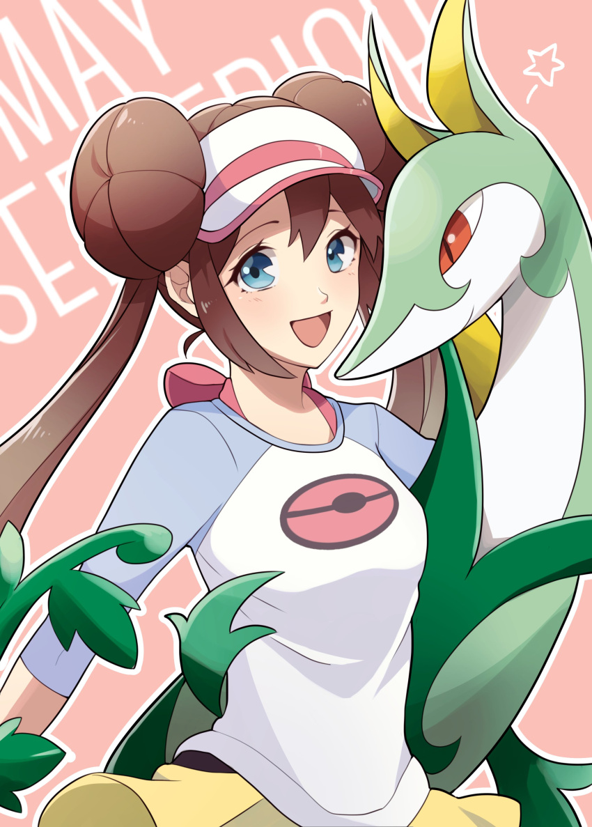 1girl :d absurdres bangs black_legwear blue_eyes bow breasts brown_hair commentary_request double_bun eyelashes gen_5_pokemon highres kisa_(kisa-kisa5900) legwear_under_shorts long_hair looking_at_viewer open_mouth outline pantyhose pink_bow pokemon pokemon_(creature) pokemon_(game) pokemon_bw2 raglan_sleeves rosa_(pokemon) serperior shirt short_shorts shorts sidelocks smile star_(symbol) twintails visor_cap yellow_shorts