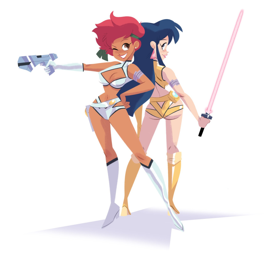 2girls back-to-back blue_hair boots breasts brown_eyes cleavage_cutout clothing_cutout dirty_pair energy_sword english_commentary gun highres holding holding_gun holding_sword holding_weapon kei_(dirty_pair) looking_at_viewer looking_back medium_breasts multiple_girls navel nick_swift one_eye_closed parted_lips redhead short_hair smile sword weapon white_footwear wide_hips yellow_footwear yuri_(dirty_pair)