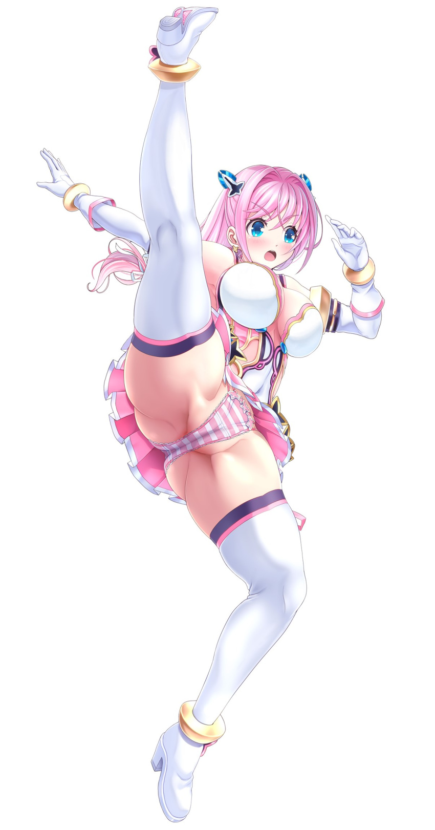 1girl aigan_tenshi_cheery_pink blue_eyes boots breasts cheery_pink elbow_gloves gloves highres large_breasts long_hair low-tied_long_hair magical_girl miniskirt panties pink_hair pink_panties pink_skirt pleated_skirt simple_background skirt solo striped striped_panties thigh-highs thigh_boots underwear v-mag white_background white_footwear white_gloves